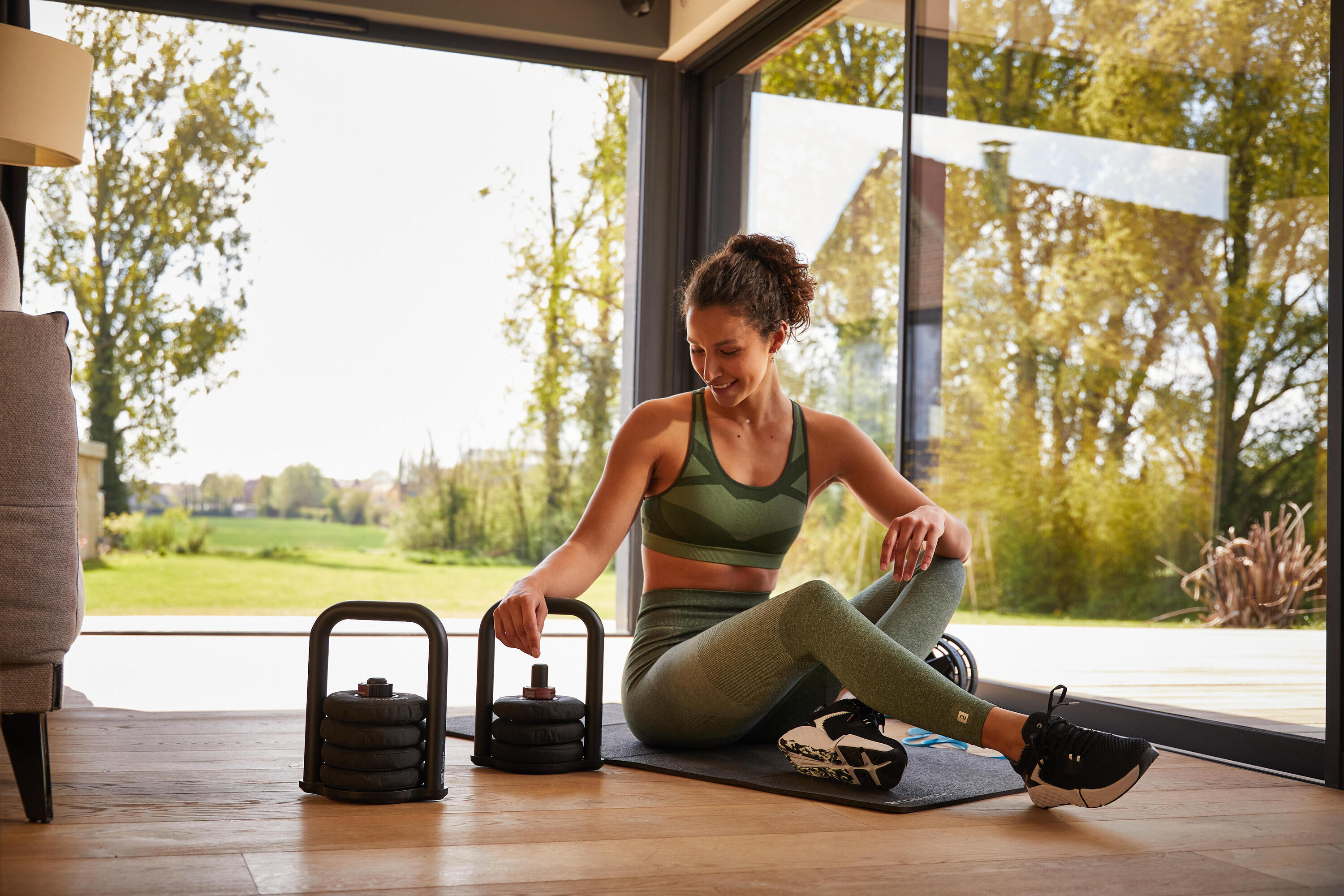 Kettlebell set on a gym floor
