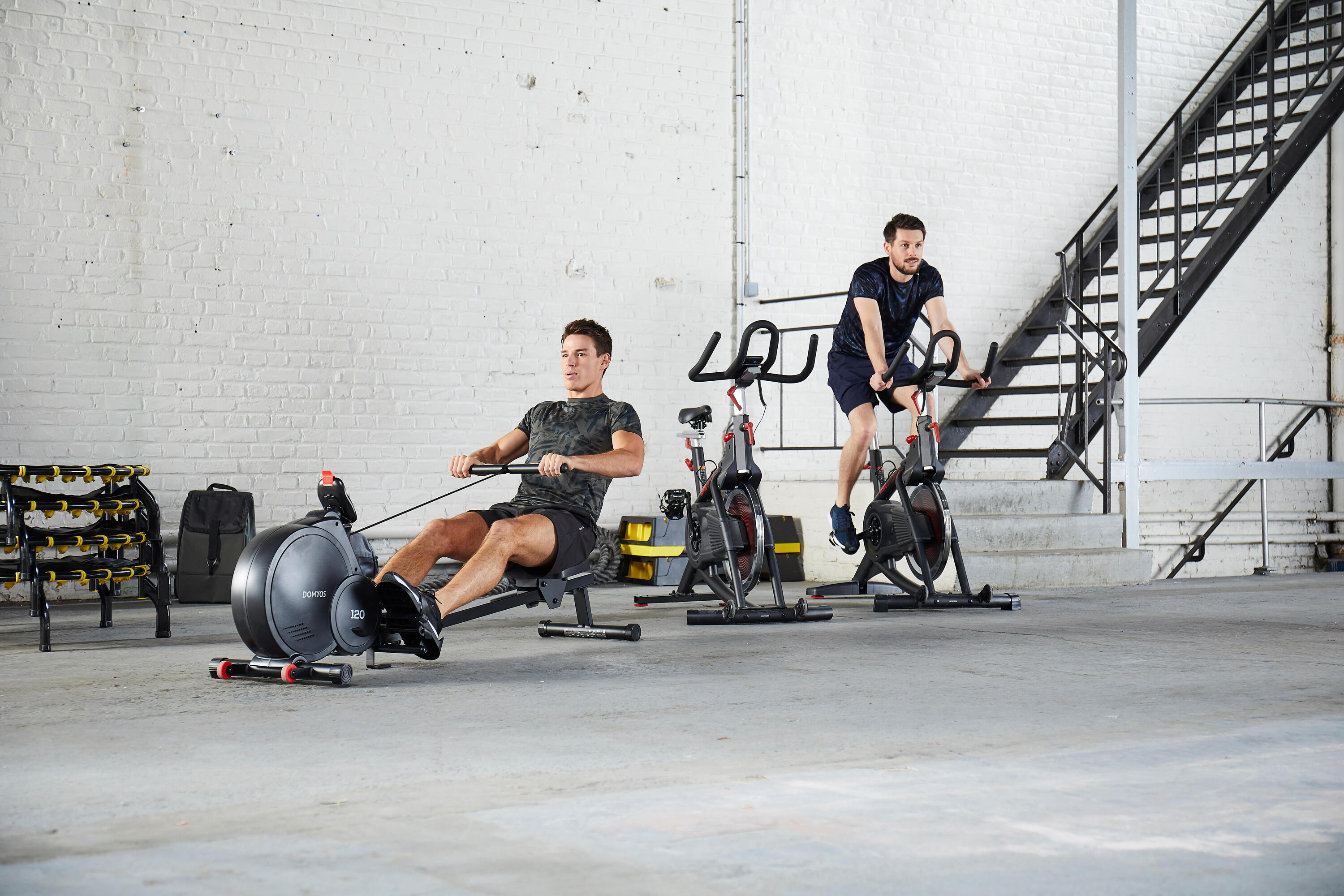 Rowing machine set up in a home gym