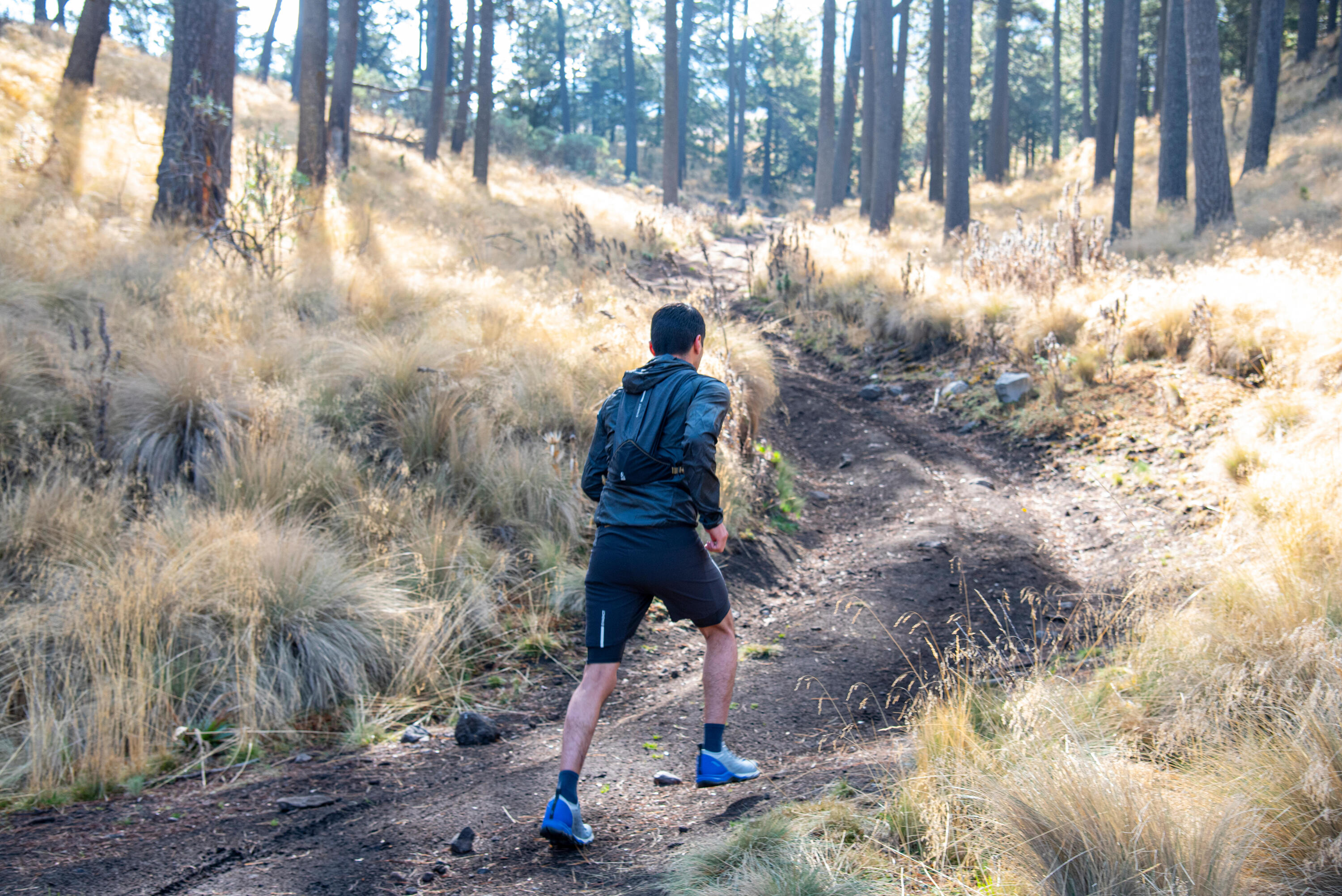 Man trail running up a forest path in a black jacket, shorts and hydration vest