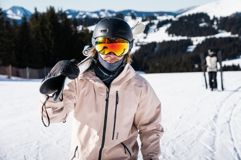 Close-up of ski goggles with a tinted lens