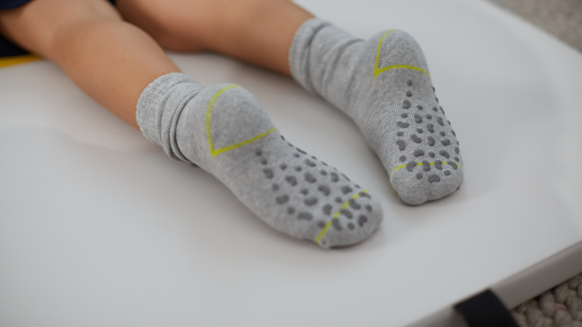 Close-up of pilates socks with grip pattern